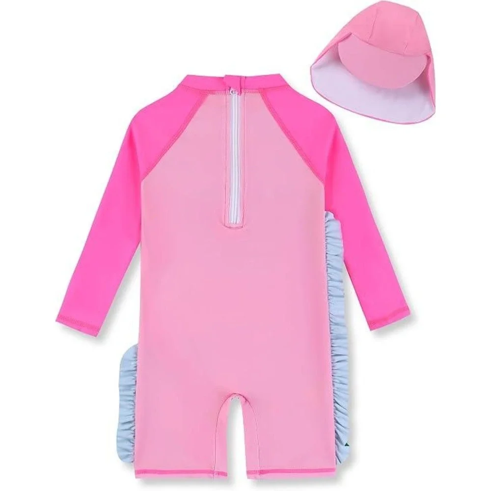 Girls Long Sleeve Rashguard One Piece Swimsuit Unicorn Pink Ruffles Hat Size 4Y
